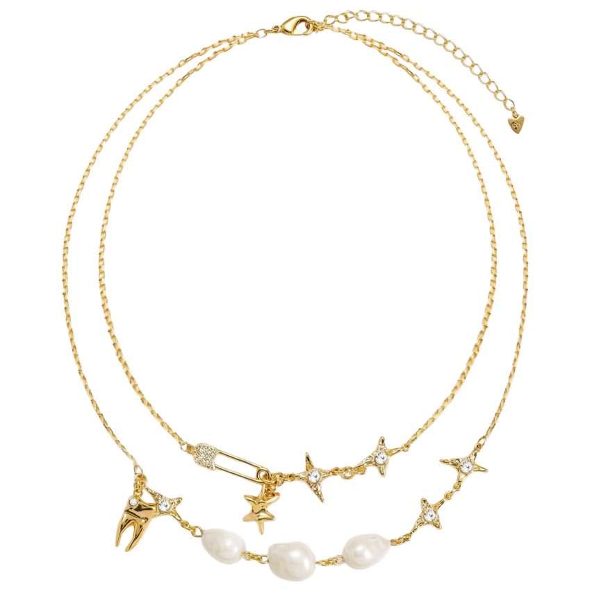 Baroque Pearl Star Tooth Safety Pin Charm Necklace, Niche Mixed Multi-Charm Collarbone Chain, Gold & Silver Two-Tone Sweet Cool Jewelry