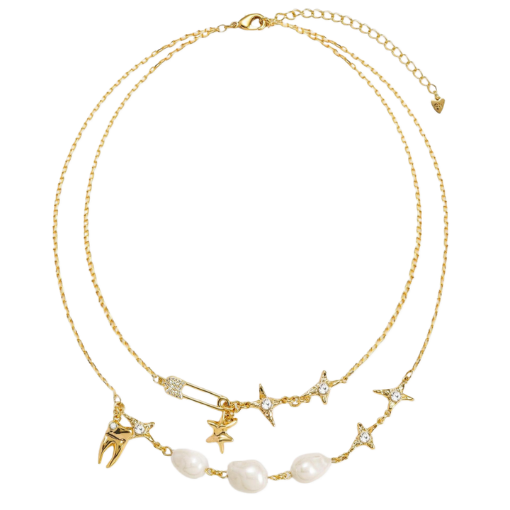 Baroque Pearl Star Tooth Safety Pin Charm Necklace, Niche Mixed Multi-Charm Collarbone Chain, Gold & Silver Two-Tone Sweet Cool Jewelry