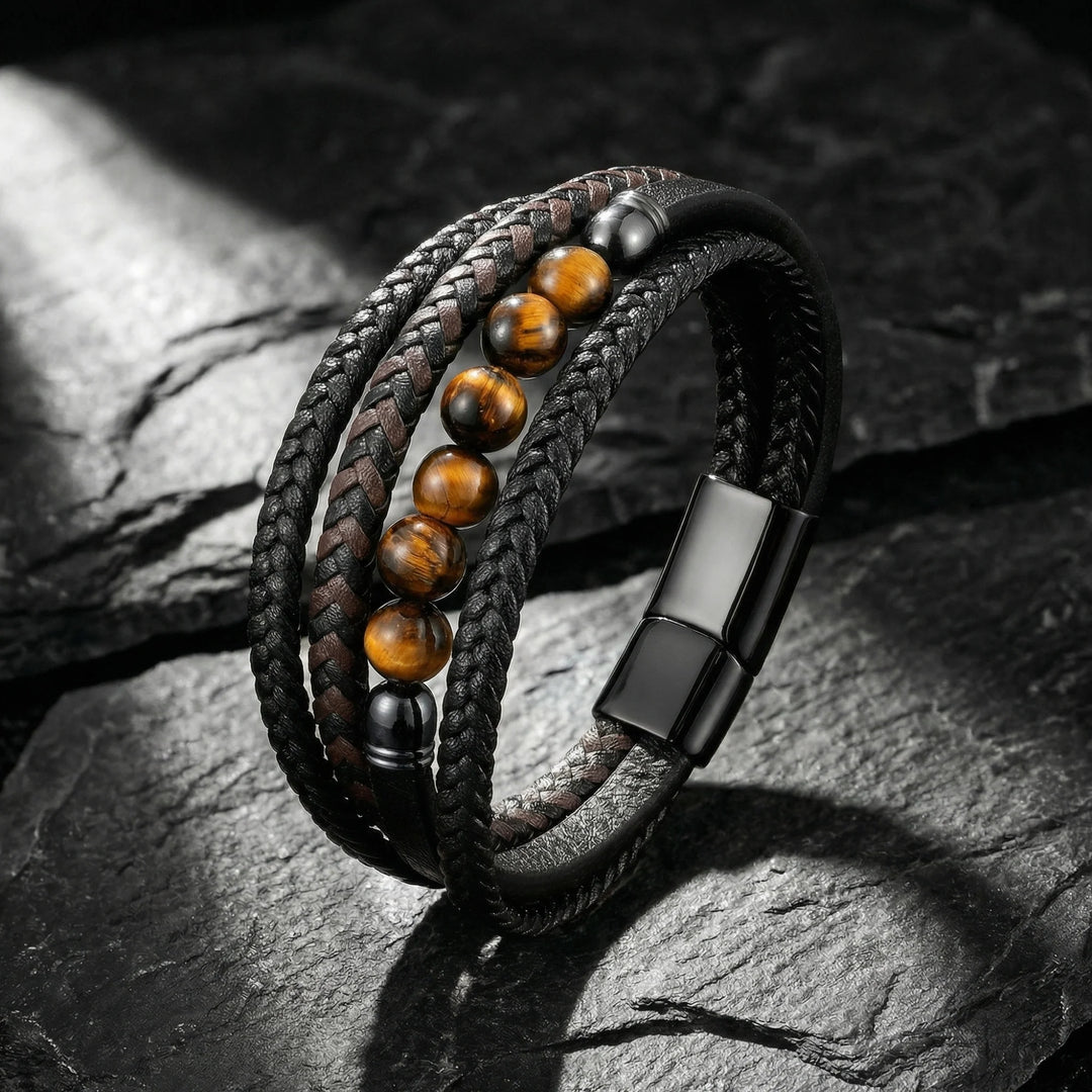 Natural Stone Beaded Braided Leather Men's Bracelet (Multi-Color Magnetic Clasp Wristband)