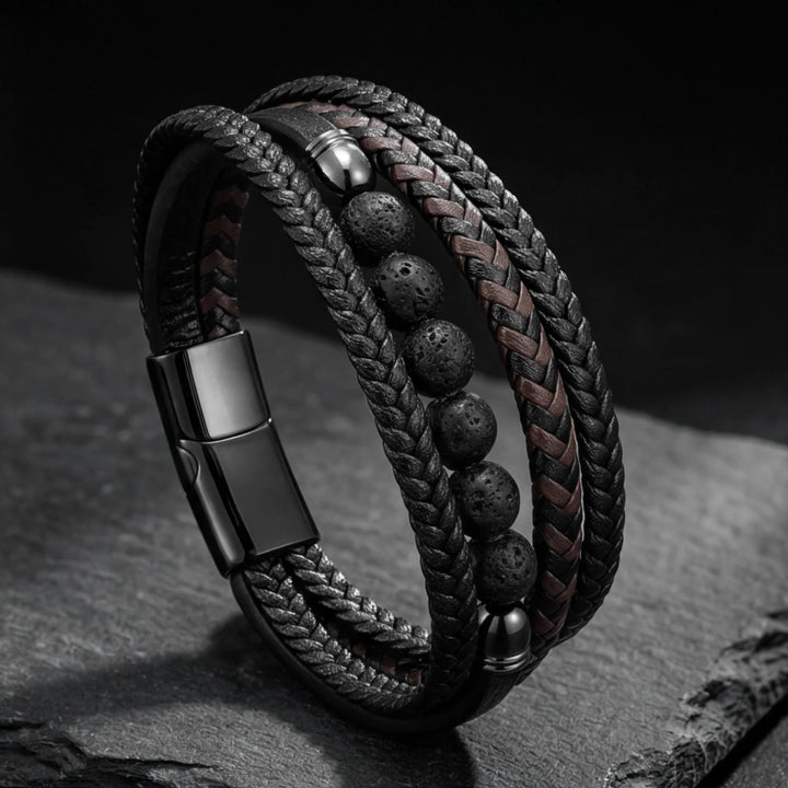 Natural Stone Beaded Braided Leather Men's Bracelet (Multi-Color Magnetic Clasp Wristband)