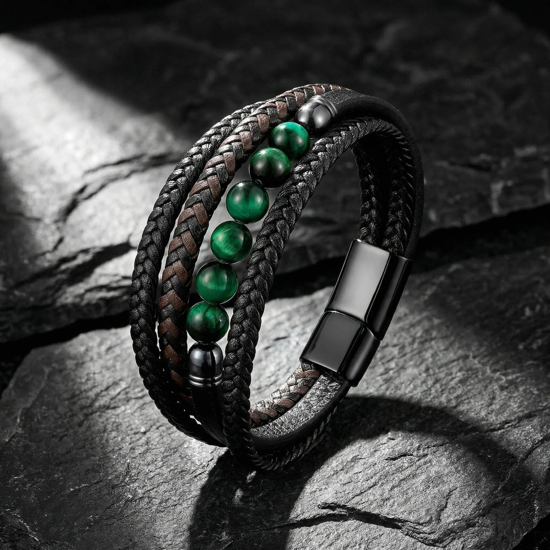Natural Stone Beaded Braided Leather Men's Bracelet (Multi-Color Magnetic Clasp Wristband)