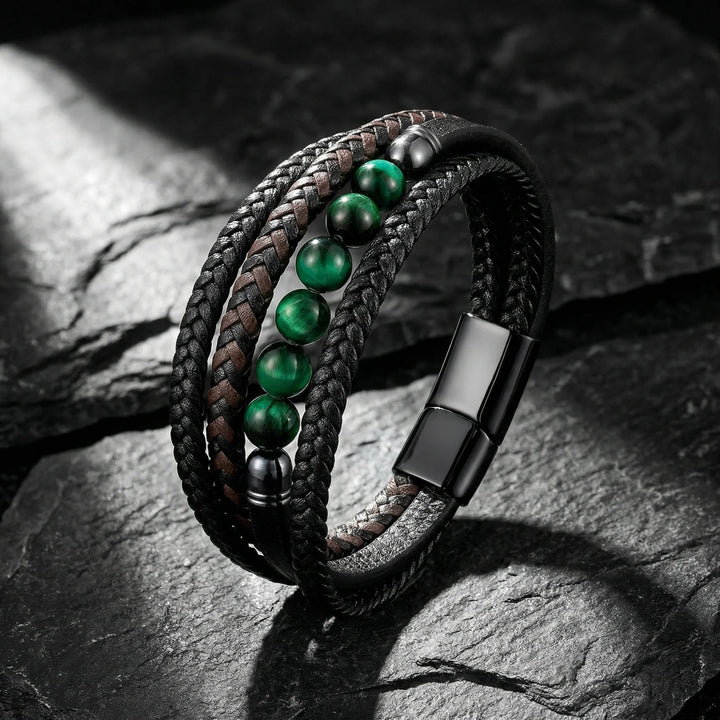 Natural Stone Beaded Braided Leather Men's Bracelet (Multi-Color Magnetic Clasp Wristband)
