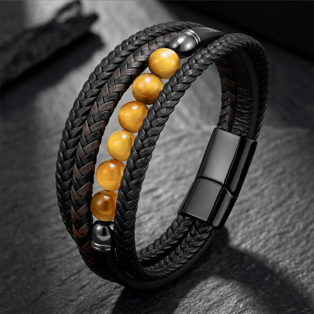 Natural Stone Beaded Braided Leather Men's Bracelet (Multi-Color Magnetic Clasp Wristband)