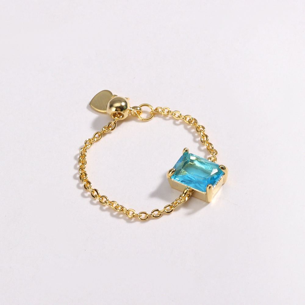 18K Gold Adjustable Chain Ring with Emerald-Cut Green Zircon