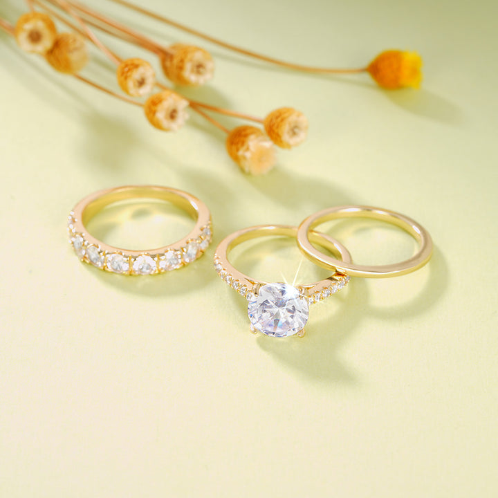 Gold Center Diamond Full Pave Triple Layer Stackable Ring (Luxury Glamorous Ritual Style)