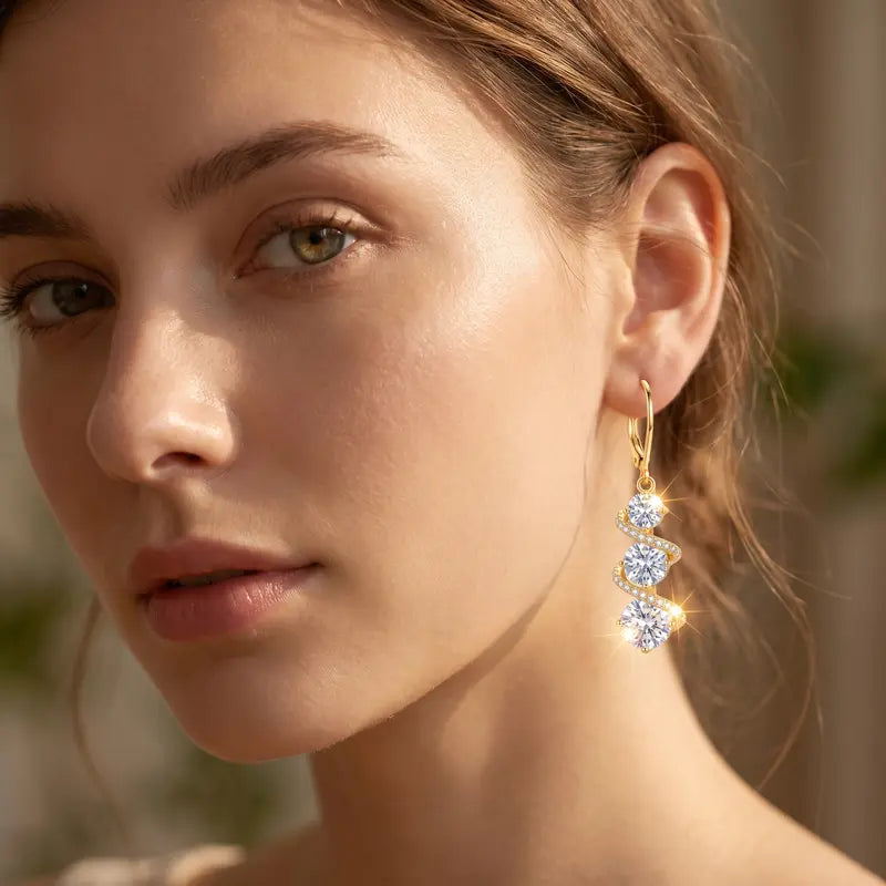 Spiral Three Stone Drop Leverback Earrings
