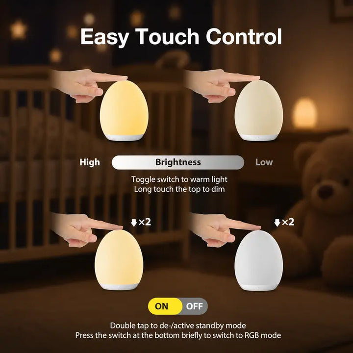 Touch Control Egg Night Light, Baby Eye-Care 7 Color RGB Rechargeable Bedside Soft Mood Lamp