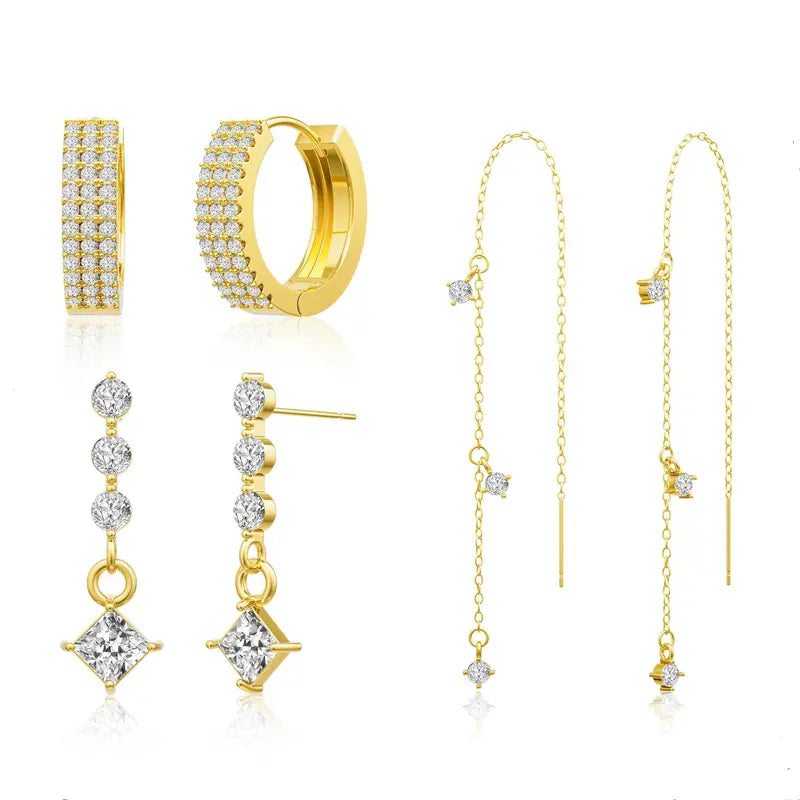 Luxury 3-Piece Diamond Earring Set, Paved Wide Hoops + Linear Square Drop Studs + Multi-Stone Threader Earrings Gold & Silver Jewelry Kit
