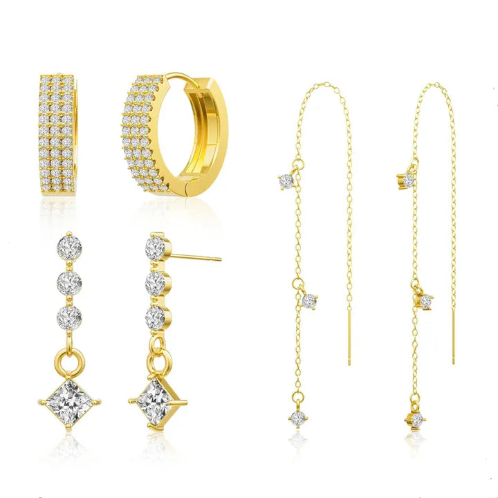 Luxury 3-Piece Diamond Earring Set, Paved Wide Hoops + Linear Square Drop Studs + Multi-Stone Threader Earrings Gold & Silver Jewelry Kit