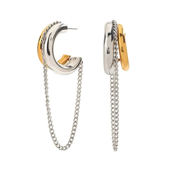 Double Layer C-Shape Hoop Chain Tassel Earrings, Two-Tone/Silver/Gold 3 Color S925 SilverGeometric Long Dangle Jewelry