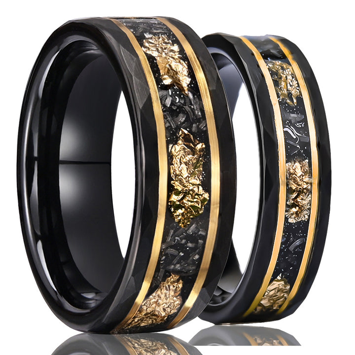 Tungsten Carbide Couple Rings – Hammered Black Rings with Meteorite Inlay