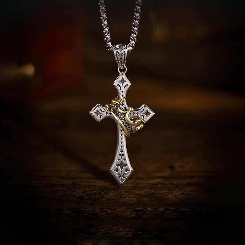 Golden Crown Cross Necklace – Men's Retro Thai-Silver Style Hip-Hop Pendant