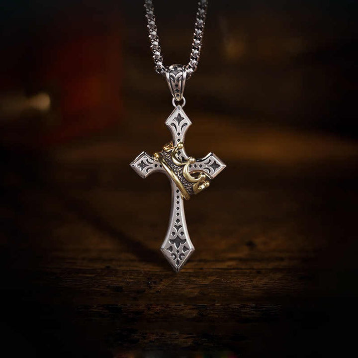 Golden Crown Cross Necklace – Men's Retro Thai-Silver Style Hip-Hop Pendant