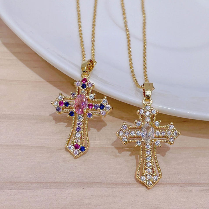 Titanium Steel 14K Gold Plated Colored Diamond Cross Necklace - European and American Luxury Full Diamond Cross Pendant Choker