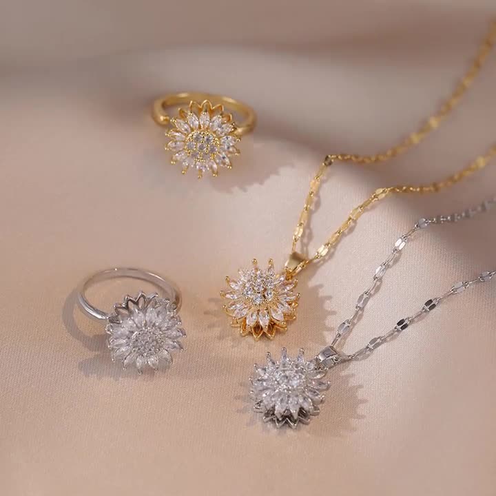 Sunflower Rotatable Jewelry Set with Diamond Inlay