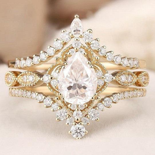 Moon-Star Teardrop Diamond Double Layer Stackable Ring (Dreamy Luxury Vintage Style)