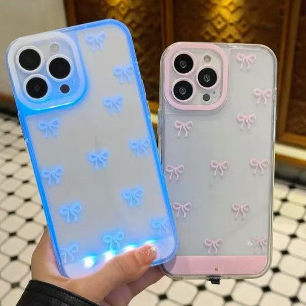 iPhone Series Compatible Pink & White Bowknot Voice-Activated LED Phone Case