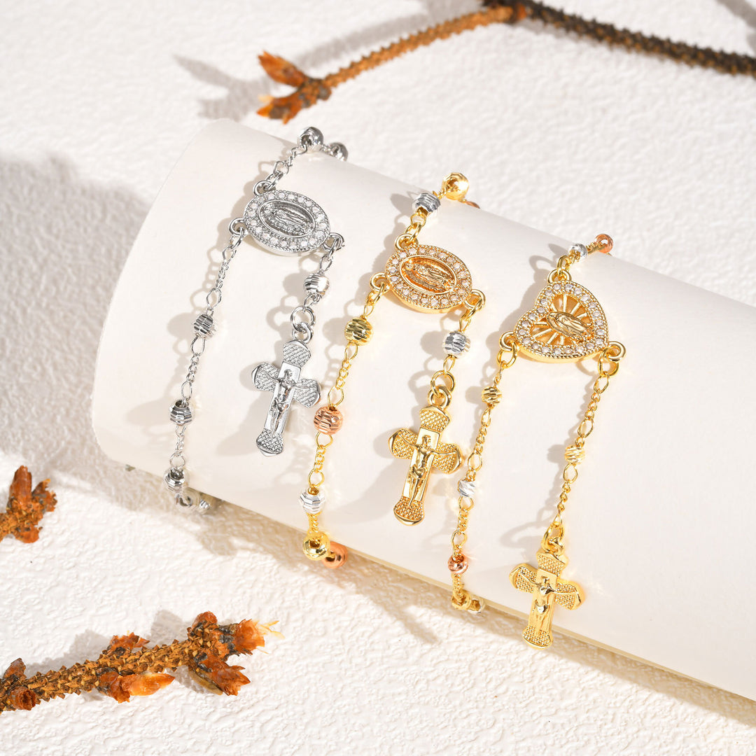 Oval Virgin Mary & Cross Beaded Bracelet