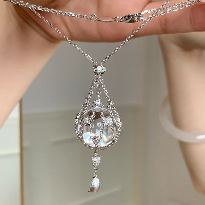 Niche Design White Crystal Starburst Mesh Pouch Pendant - Adjustable Necklace High-End Versatile Jewelry