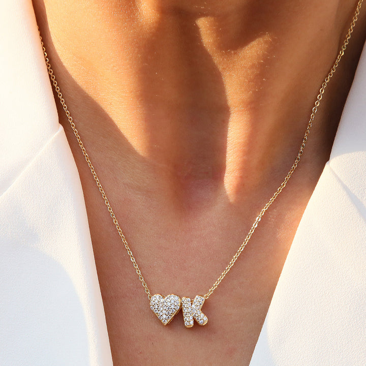 Diamond-Embedded Bubble Heart 26-Letter Name Pendant Necklace