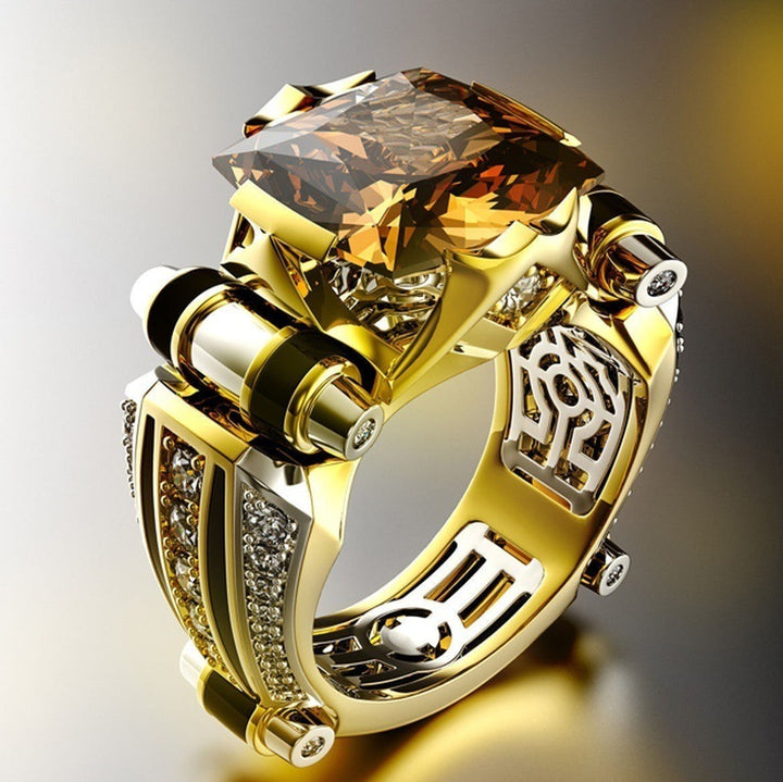Cyber-Mechanical Style Black-Gold Bicolor Black Gemstone Ring