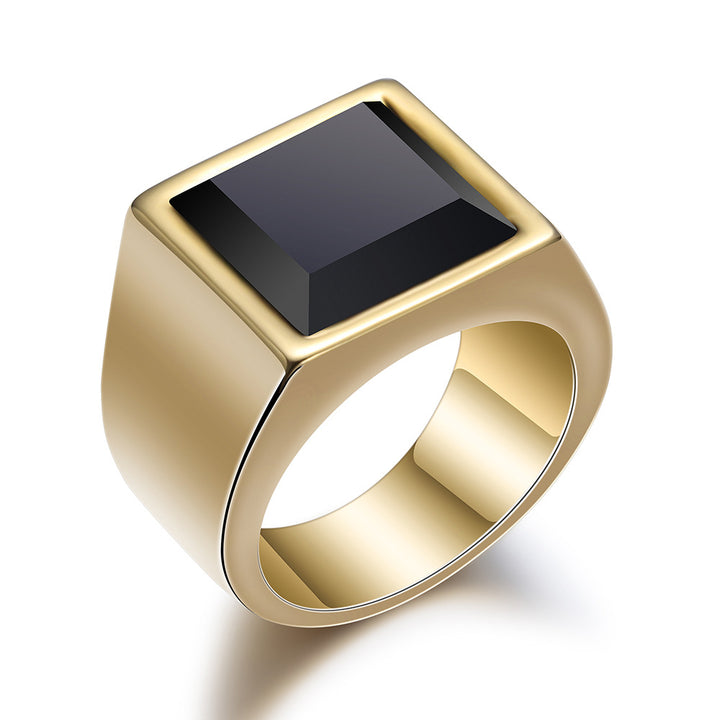 Square Black Diamond Titanium Steel Wide Ring (Gold/Silver Dual-Tone Bold Men's Style)