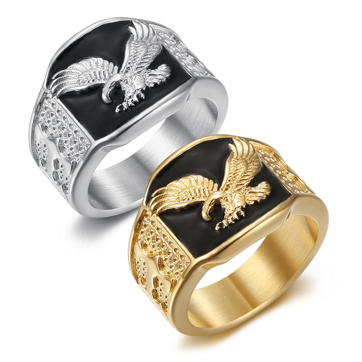 Hip-Hop 18K Gold Flying Eagle Bold Men's Ring (Black-Gold Contrast Style)