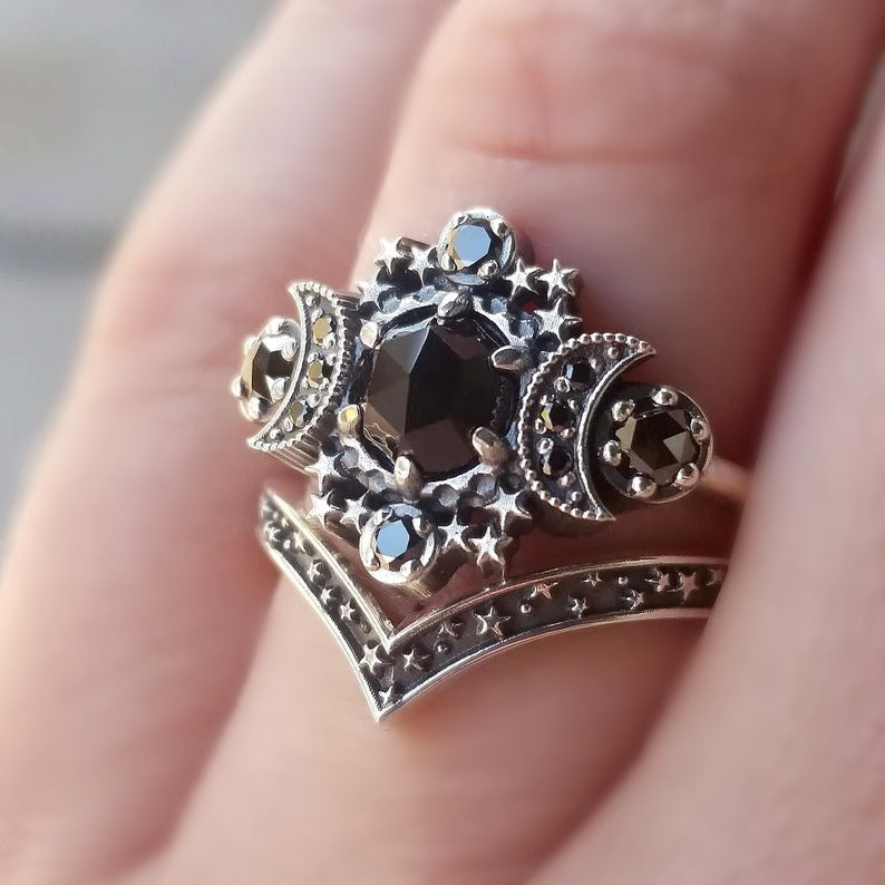 Gothic Moon-Star Double-Layer Ring Set (Dark Mysterious Colored Stone Version)