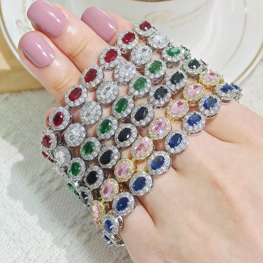 Multi-Color Oval Colored Gem Full-Diamond Bracelet