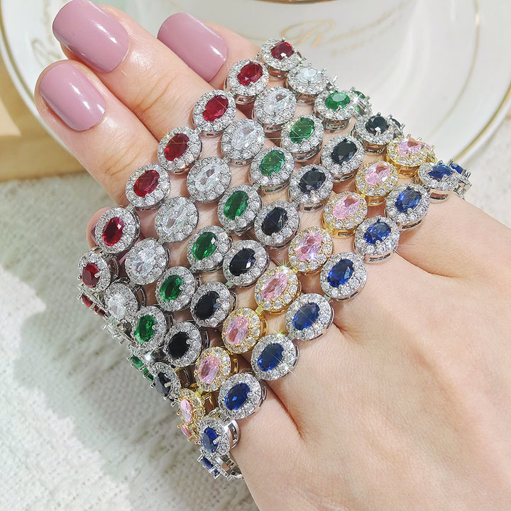 Multi-Color Oval Colored Gem Full-Diamond Bracelet