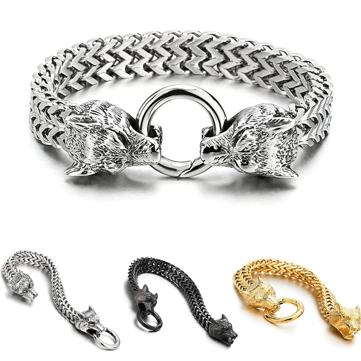 Viking Wolf Head Franco Chain Titanium Steel Bracelet (Retro Hardcore Style)