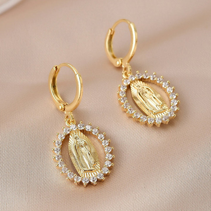18K Gold-Plated Sterling Silver Diamond-Inlaid Virgin Mary Earrings