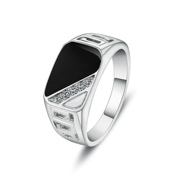 Titanium Steel Geometric Black Face Diamond-Embedded Men's Ring (Light Luxury Business Style)