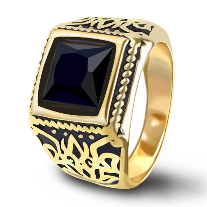 Titanium Steel Plated 18K Gold Carved Black Gem Retro Ring