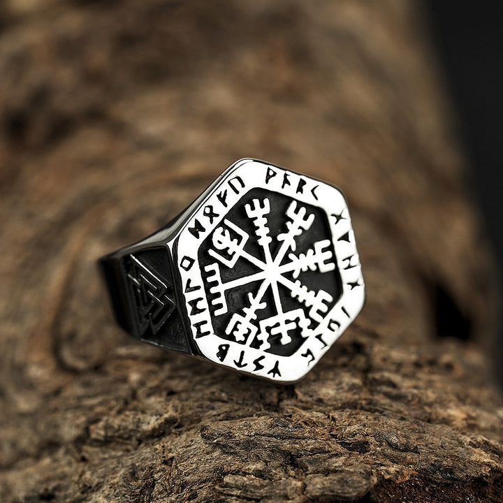 Titanium Steel Norse Rune Compass Ring (Viking Mythology Retro Style)