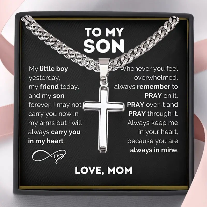 "To My Son" Cross Cuban Link Necklace (Motherly Love & Faith Memorial Style)