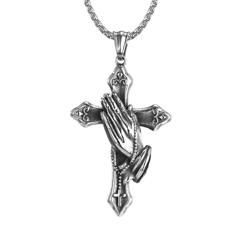 Titanium Steel Praying Hands Cross Necklace (Faith Retro Hardcore Style)