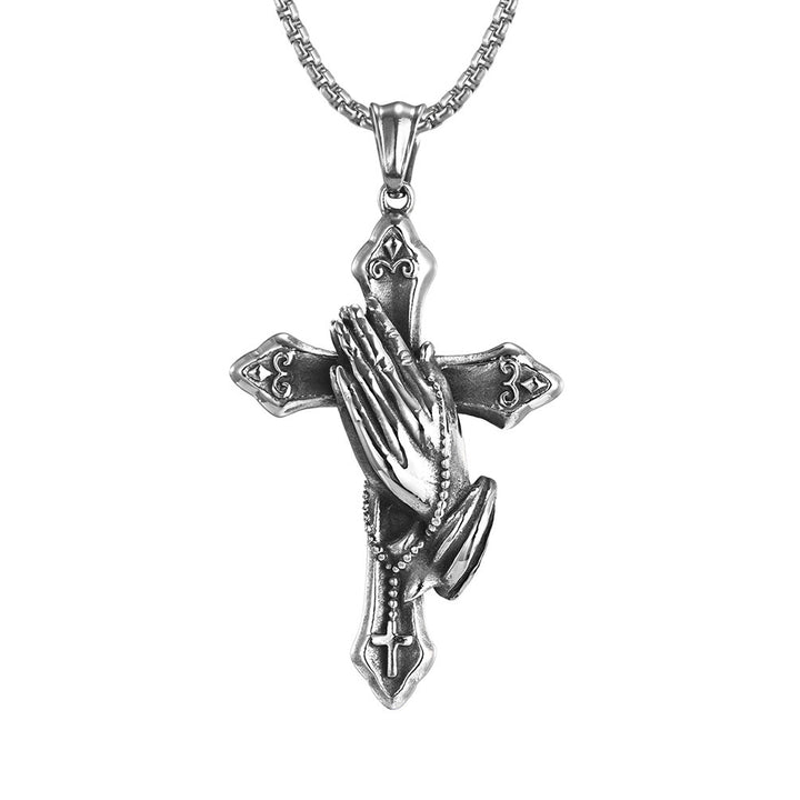 Titanium Steel Praying Hands Cross Necklace (Faith Retro Hardcore Style)