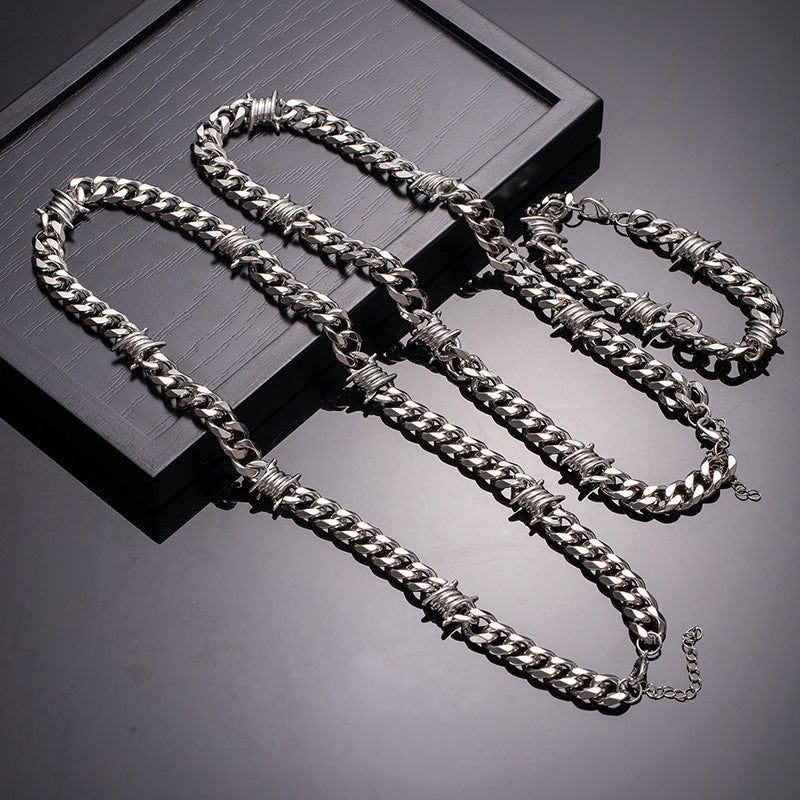 Titanium Steel Barbed Wire Cuban Link Set (Dark Hardcore Punk Style)