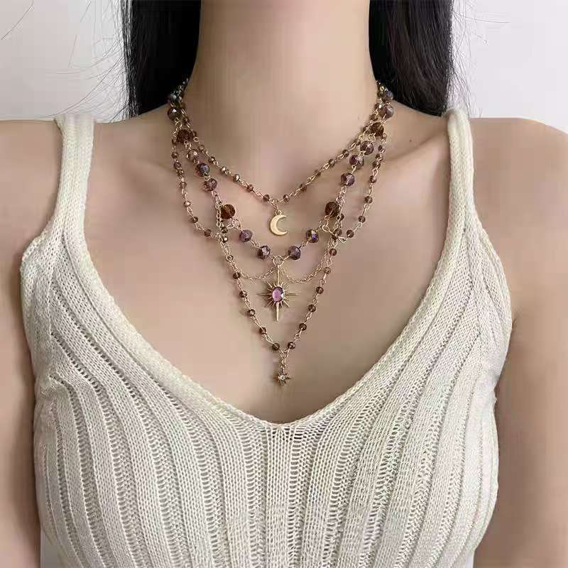 Moon-Star Amethyst Multi-Layer Choker (Light Retro Mystical Style)