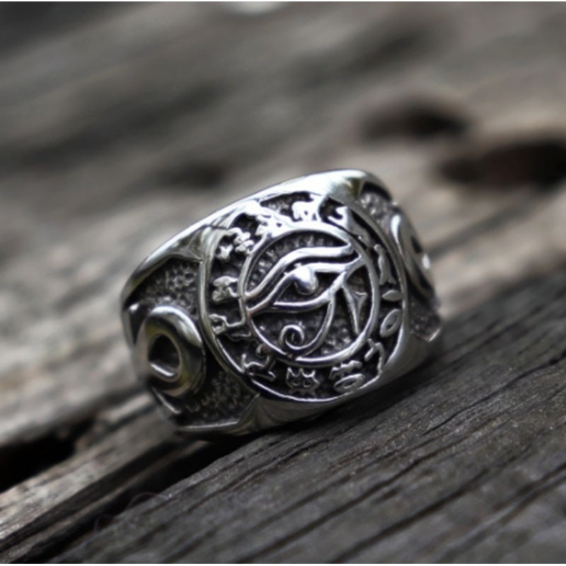 Titanium Steel Eye of Horus Occult Symbol Ring (Dark Mystical Style)