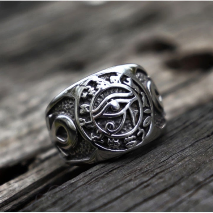 Titanium Steel Eye of Horus Occult Symbol Ring (Dark Mystical Style)