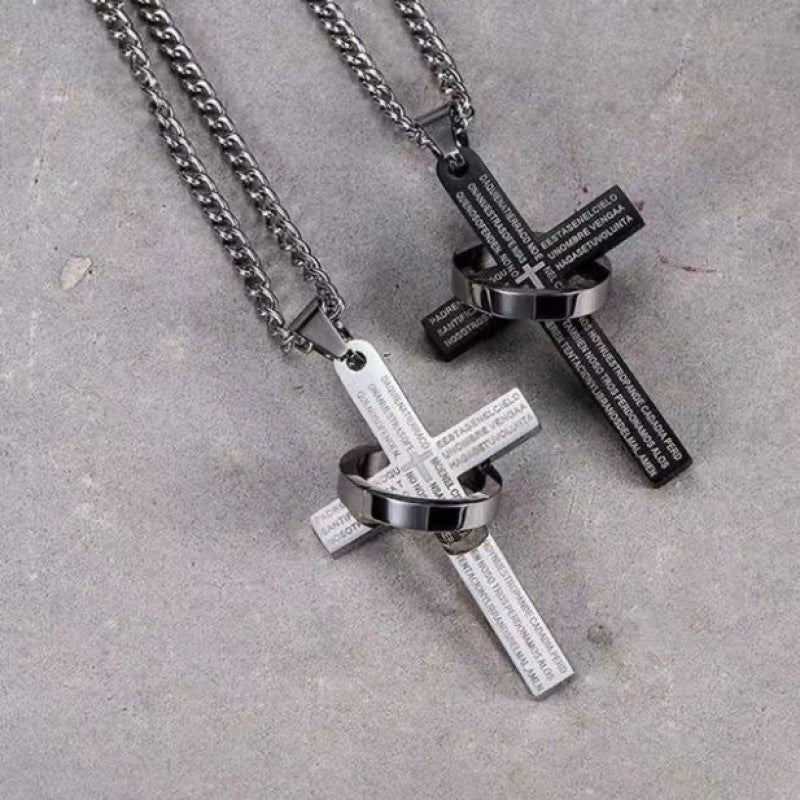 Rotatable Ring Bible Cross Pendant Necklace – Trendy Chain for Men