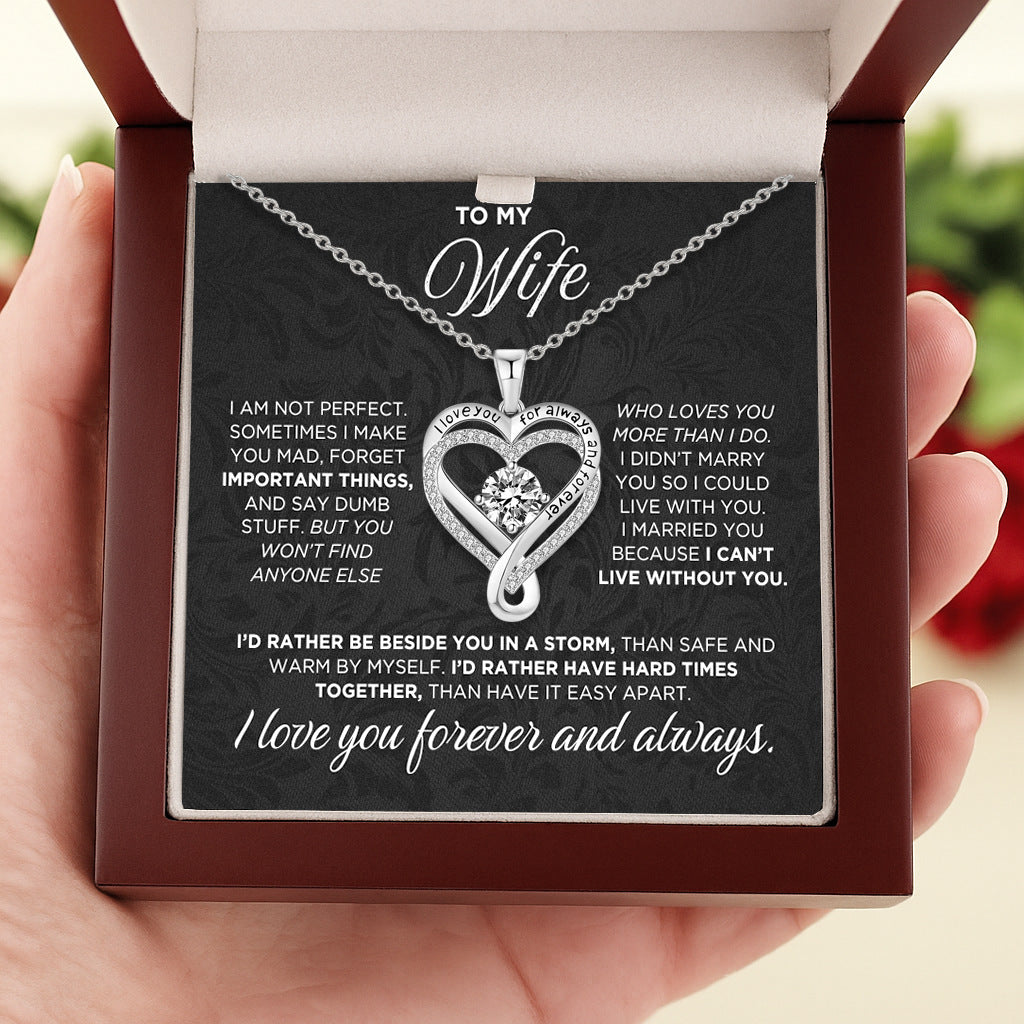 "To My Wife" Intertwined Double Heart Diamond-Inlay Necklace (Marriage Commemorative Style)