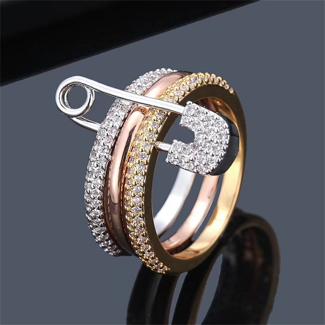 Full-Diamond Safety Pin Triple-Layer Stacking Ring (Edgy Light Luxury Style Series)