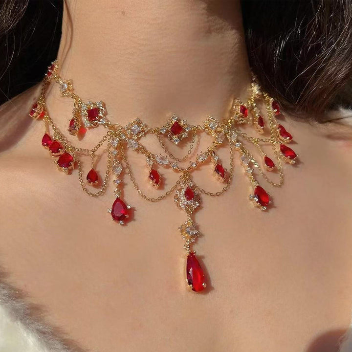 Red Diamond Multi-Layer Tassel Palace-Style Choker (Vintage Gorgeous Style Series)