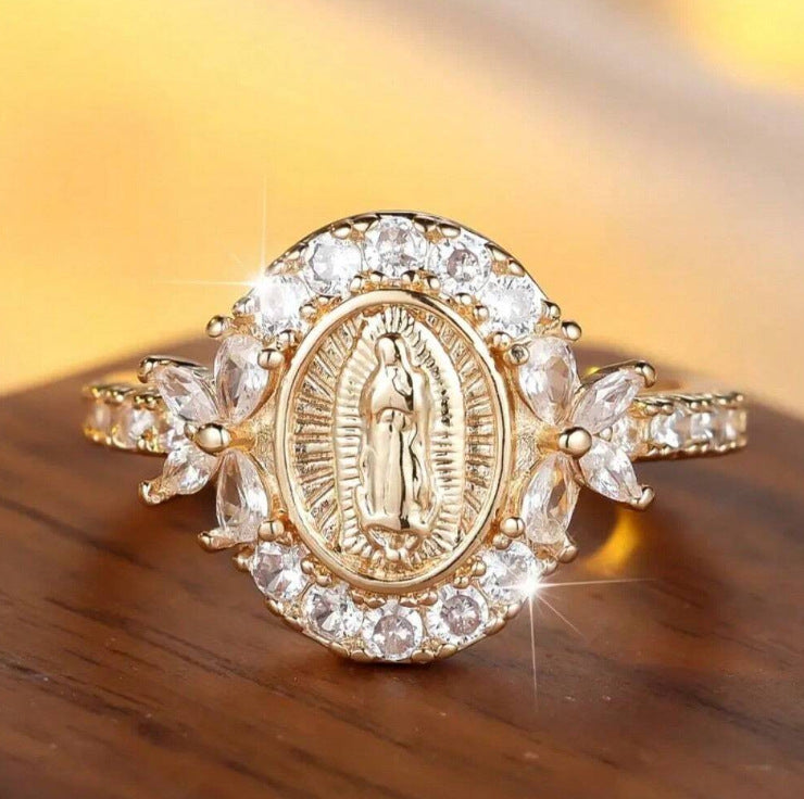 Guadalupe Virgin Relief Full-Diamond Gold-Plated Ring (Religious Light Luxury Style Series)