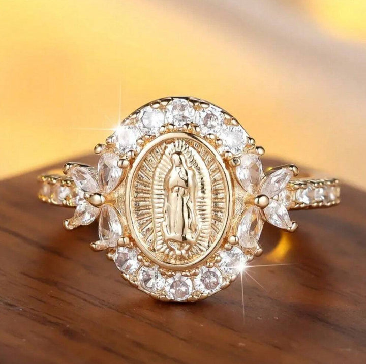Guadalupe Virgin Relief Full-Diamond Gold-Plated Ring (Religious Light Luxury Style Series)