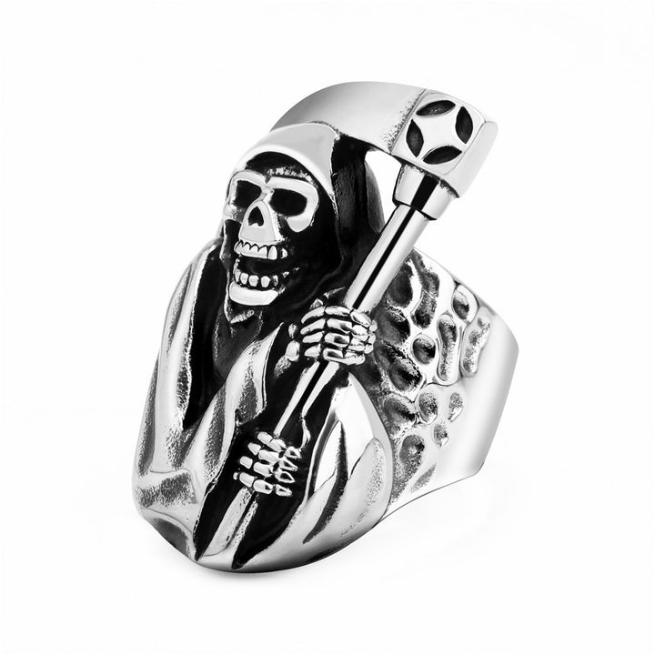 Grim Reaper Skull Ring with Scythe (Gothic Dark · Biker Style)