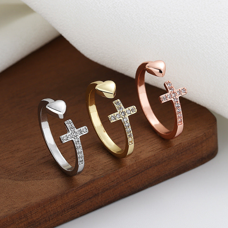 Jesus Cross Heart Open Ring for Women – Minimalist Diamond Faith Ring